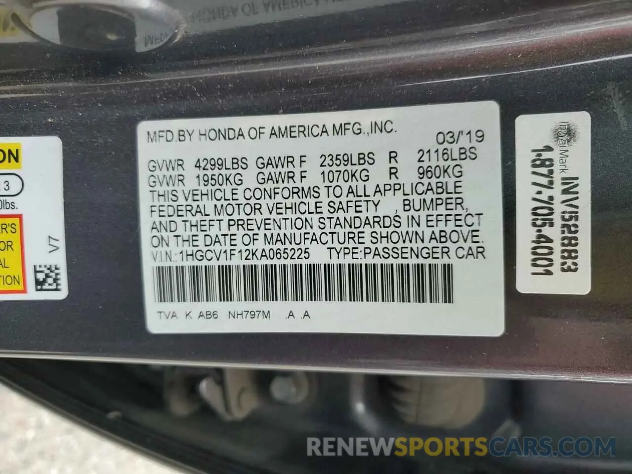 14 Photograph of a damaged car 1HGCV1F12KA065225 HONDA ACCORD 2019