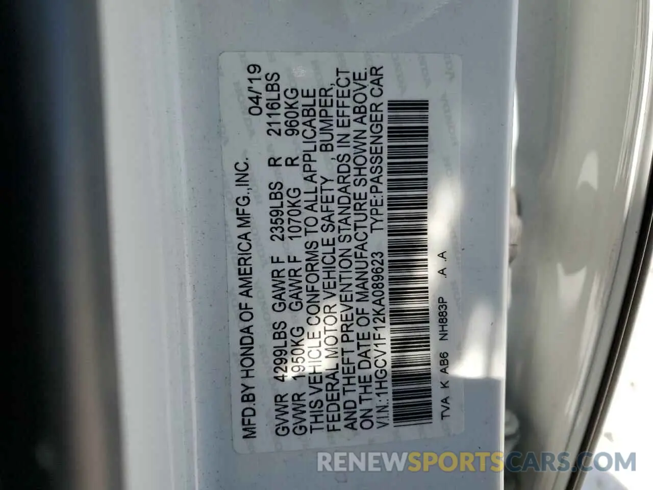 12 Photograph of a damaged car 1HGCV1F12KA089623 HONDA ACCORD 2019