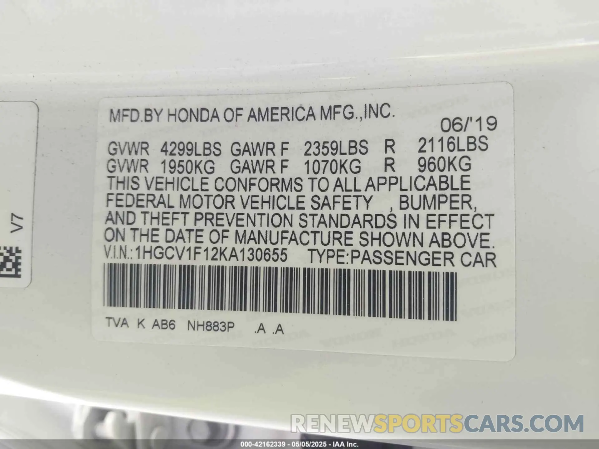 9 Photograph of a damaged car 1HGCV1F12KA130655 HONDA ACCORD 2019