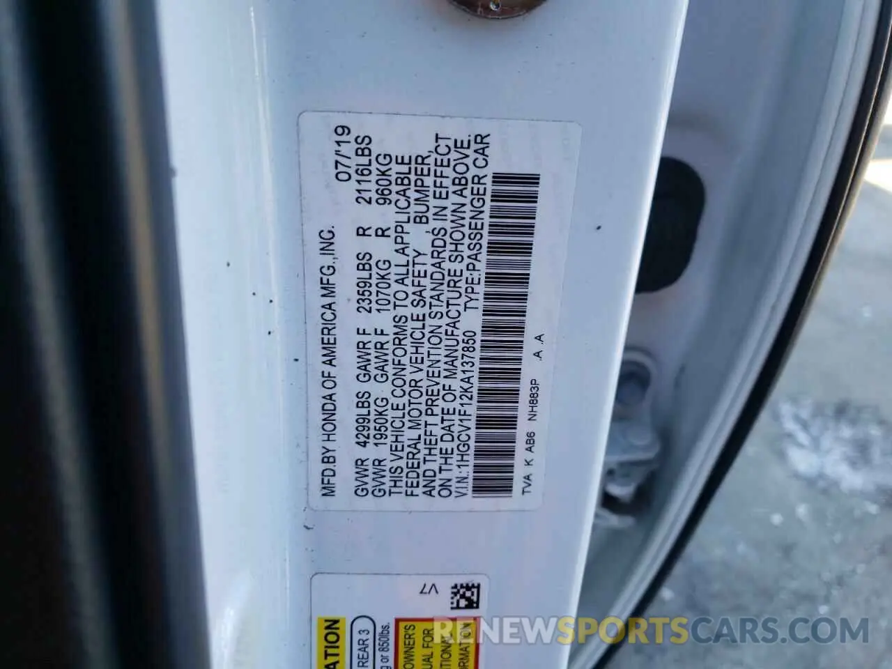 14 Photograph of a damaged car 1HGCV1F12KA137850 HONDA ACCORD 2019
