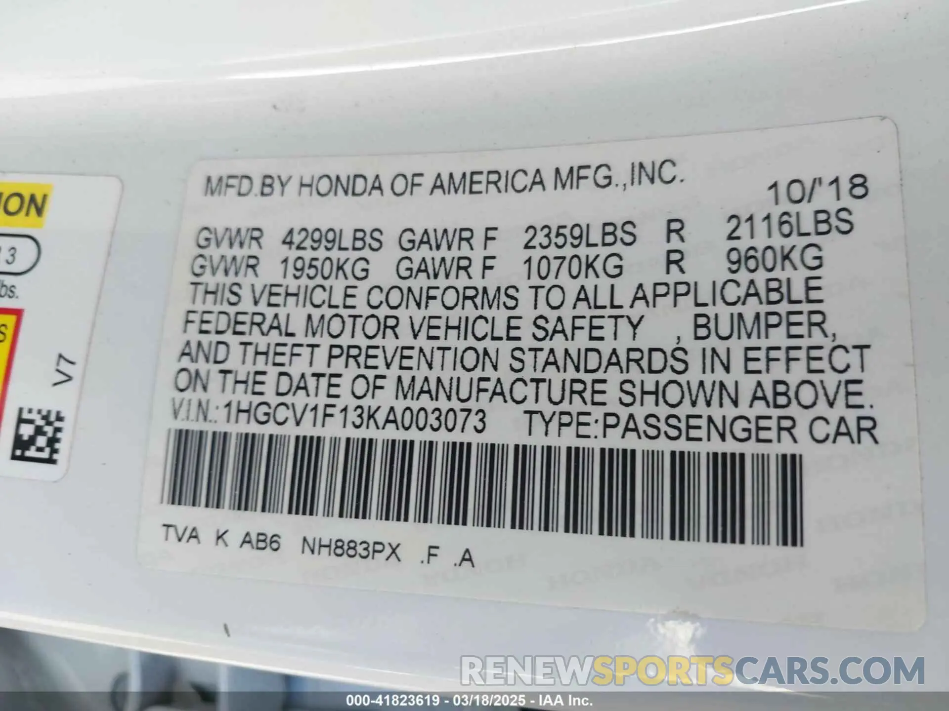 9 Photograph of a damaged car 1HGCV1F13KA003073 HONDA ACCORD 2019