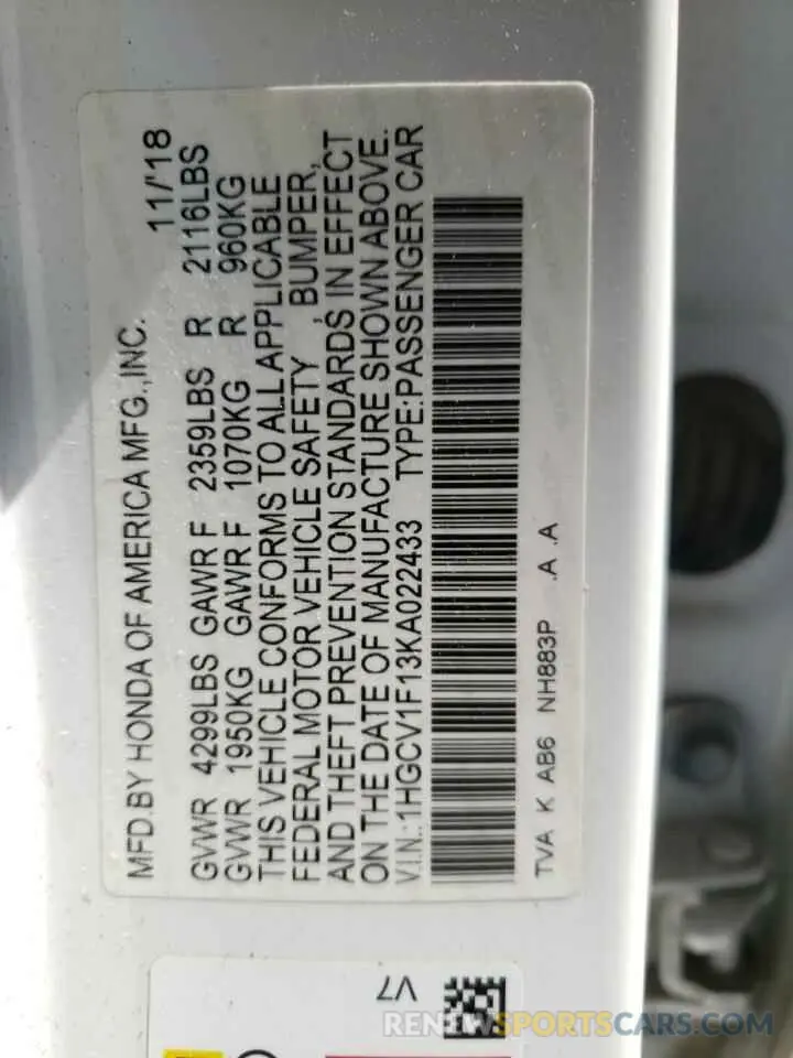 13 Photograph of a damaged car 1HGCV1F13KA022433 HONDA ACCORD 2019