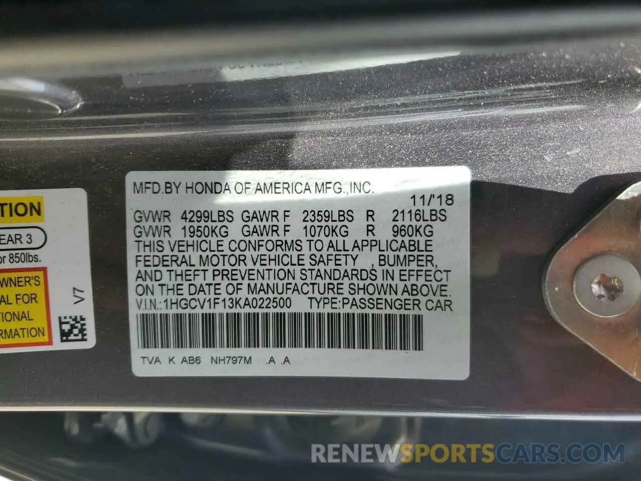 12 Photograph of a damaged car 1HGCV1F13KA022500 HONDA ACCORD 2019