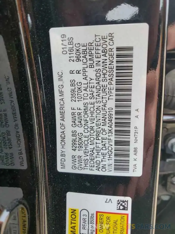 13 Photograph of a damaged car 1HGCV1F13KA049910 HONDA ACCORD 2019