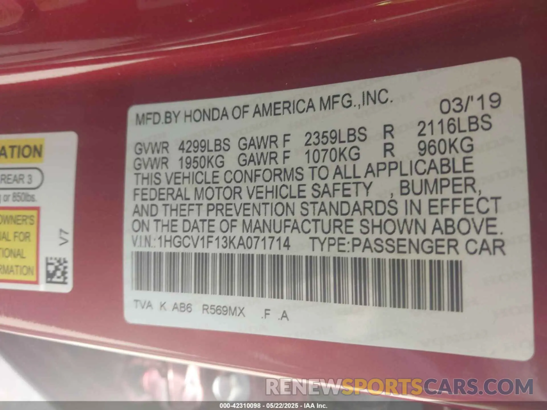 9 Photograph of a damaged car 1HGCV1F13KA071714 HONDA ACCORD 2019