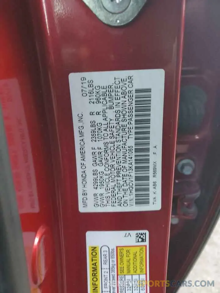 12 Photograph of a damaged car 1HGCV1F13KA141065 HONDA ACCORD 2019