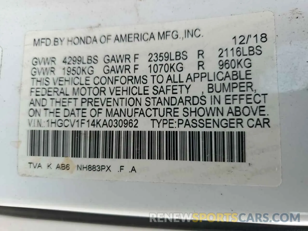 13 Photograph of a damaged car 1HGCV1F14KA030962 HONDA ACCORD 2019