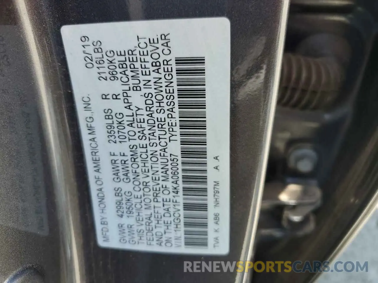 12 Photograph of a damaged car 1HGCV1F14KA060057 HONDA ACCORD 2019