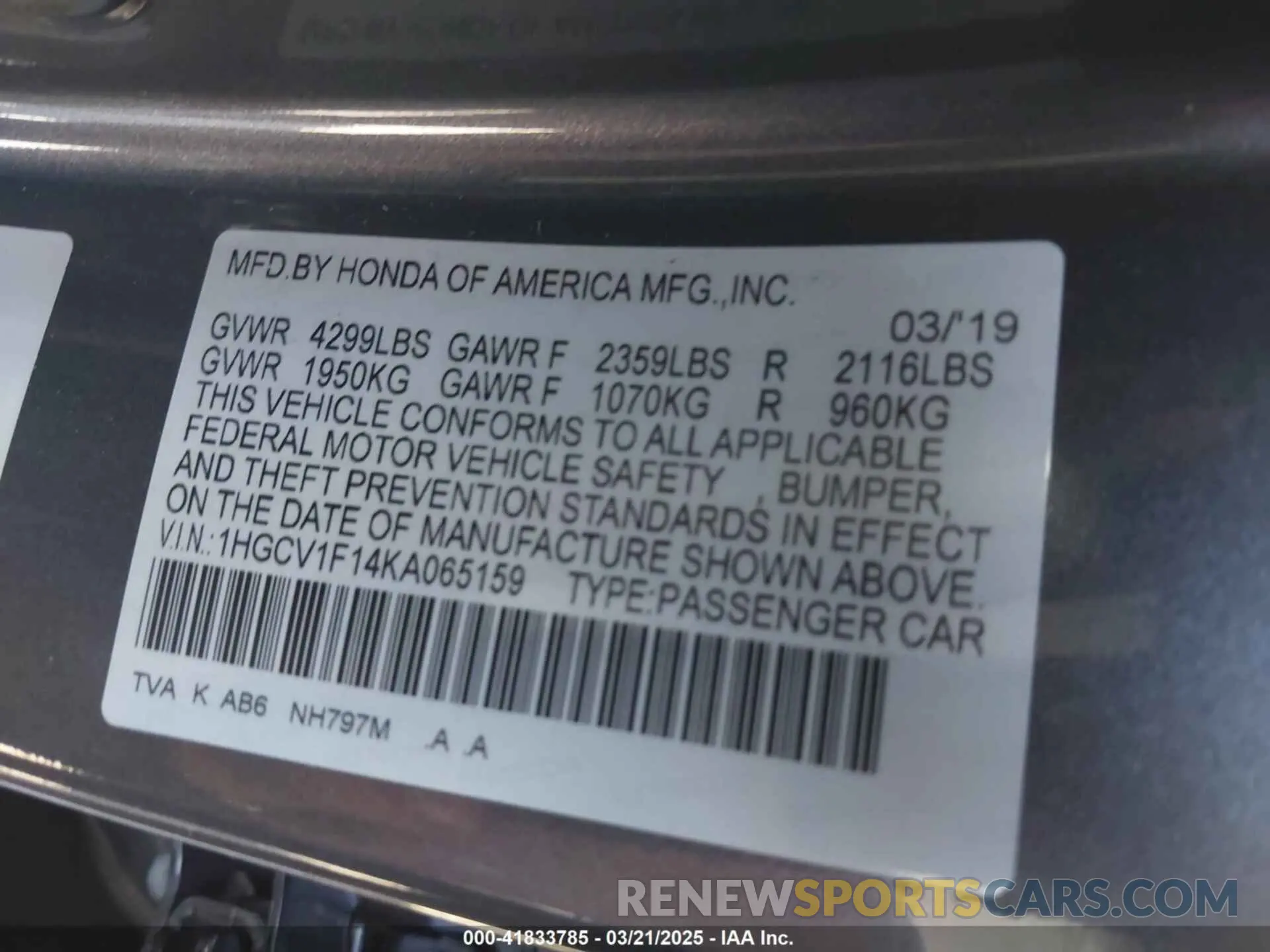 9 Photograph of a damaged car 1HGCV1F14KA065159 HONDA ACCORD 2019