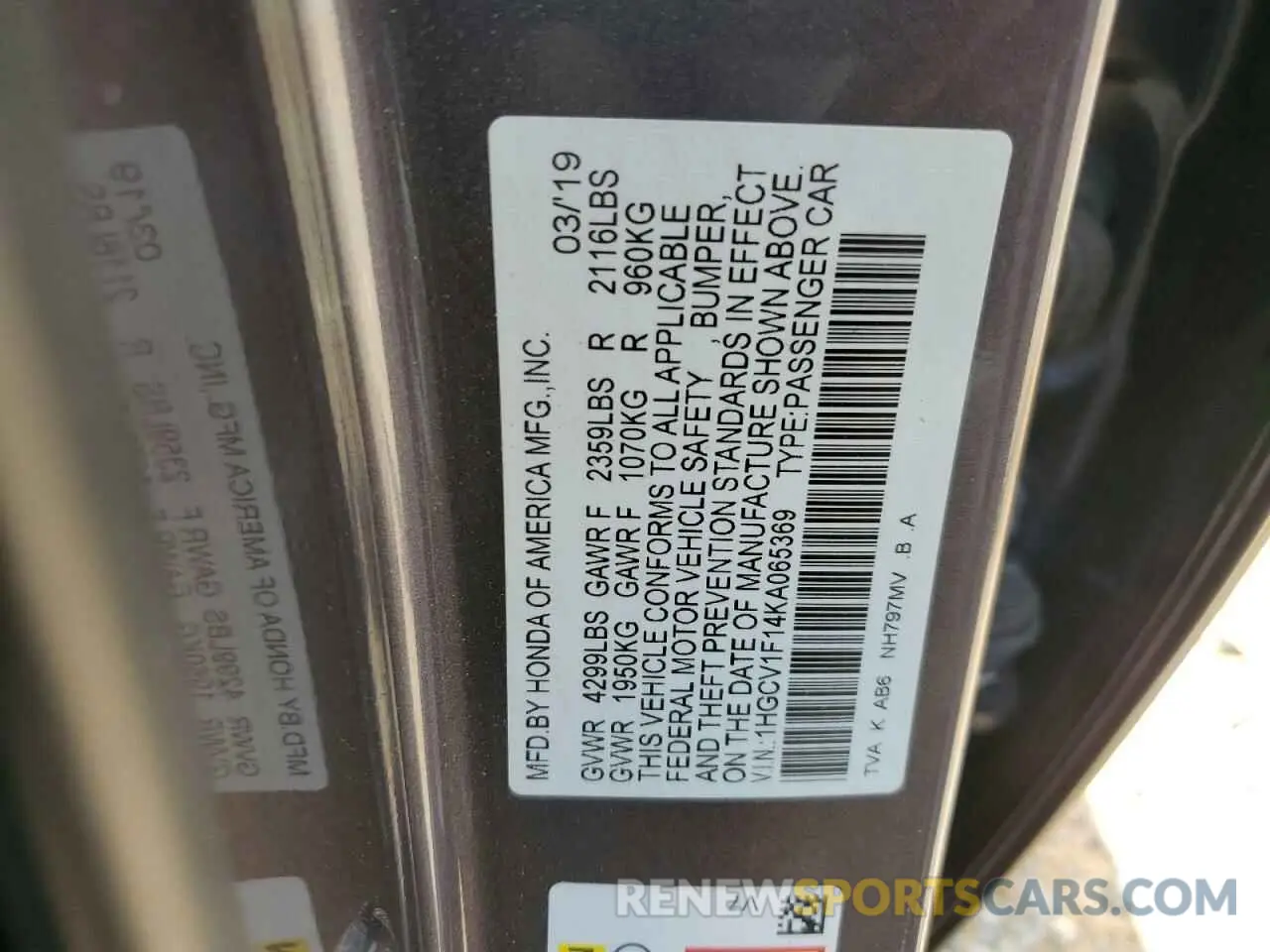 13 Photograph of a damaged car 1HGCV1F14KA065369 HONDA ACCORD 2019