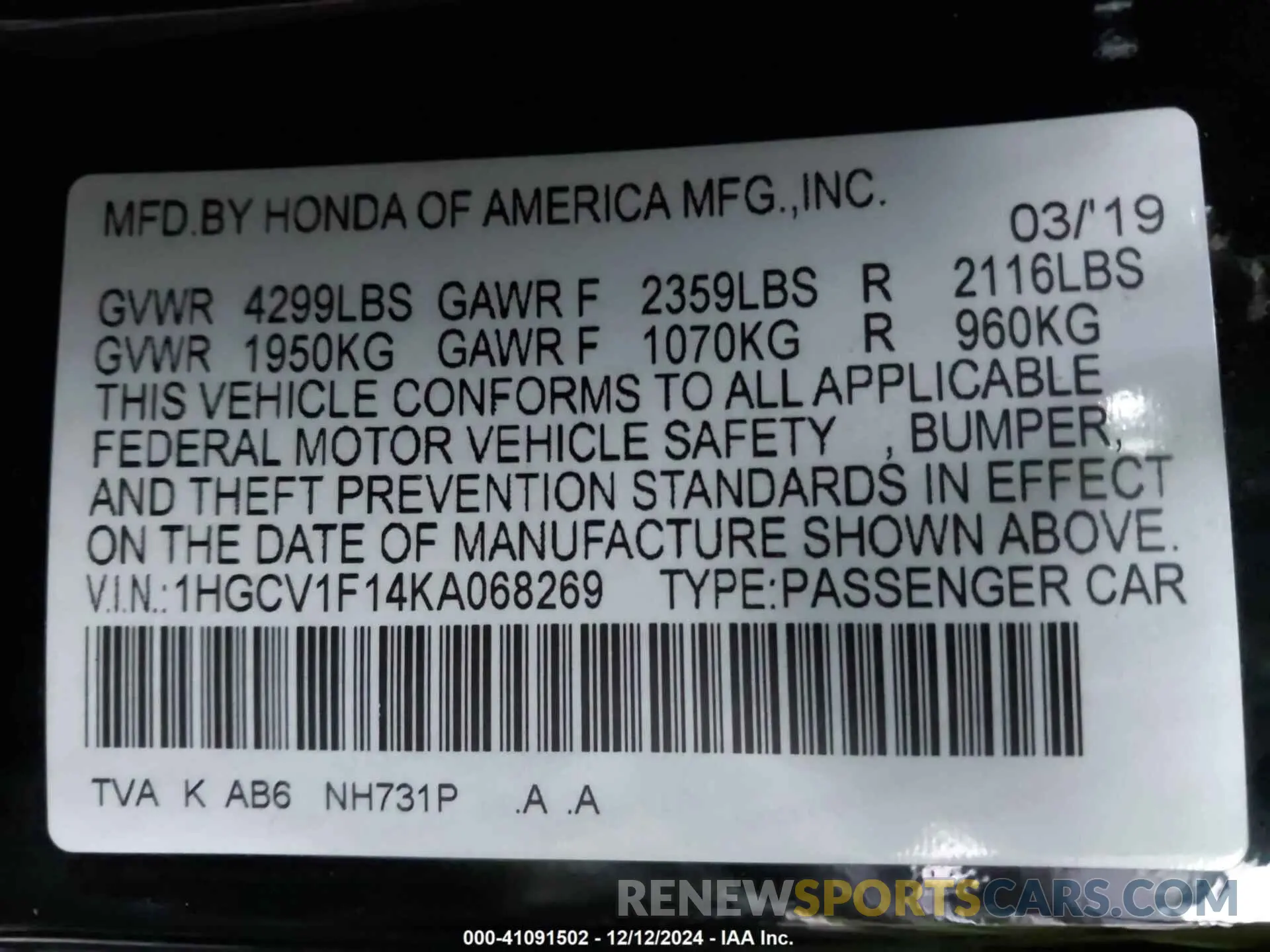 9 Photograph of a damaged car 1HGCV1F14KA068269 HONDA ACCORD 2019
