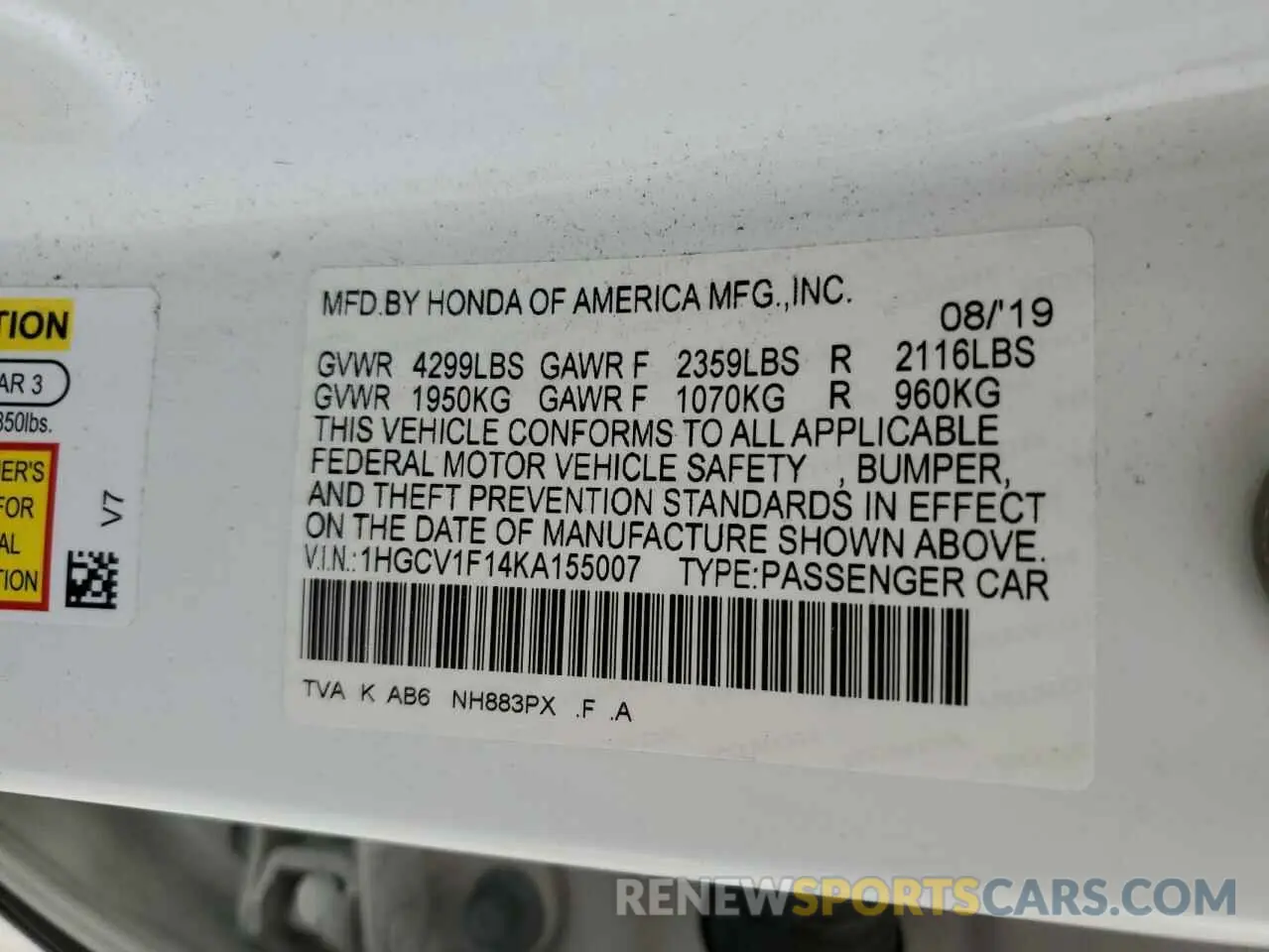 15 Photograph of a damaged car 1HGCV1F14KA155007 HONDA ACCORD 2019