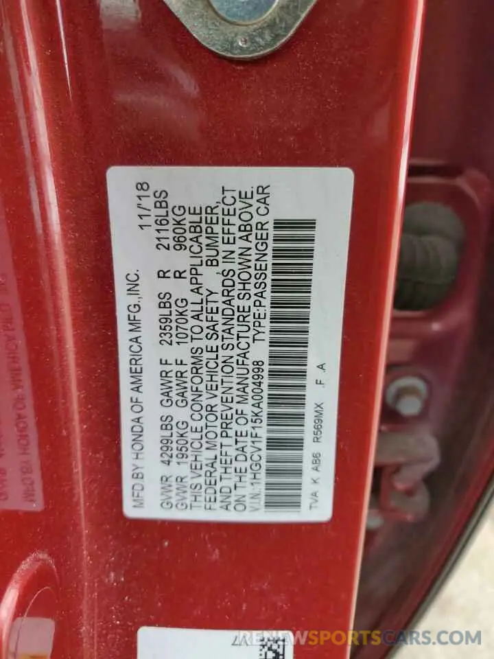 14 Photograph of a damaged car 1HGCV1F15KA004998 HONDA ACCORD 2019