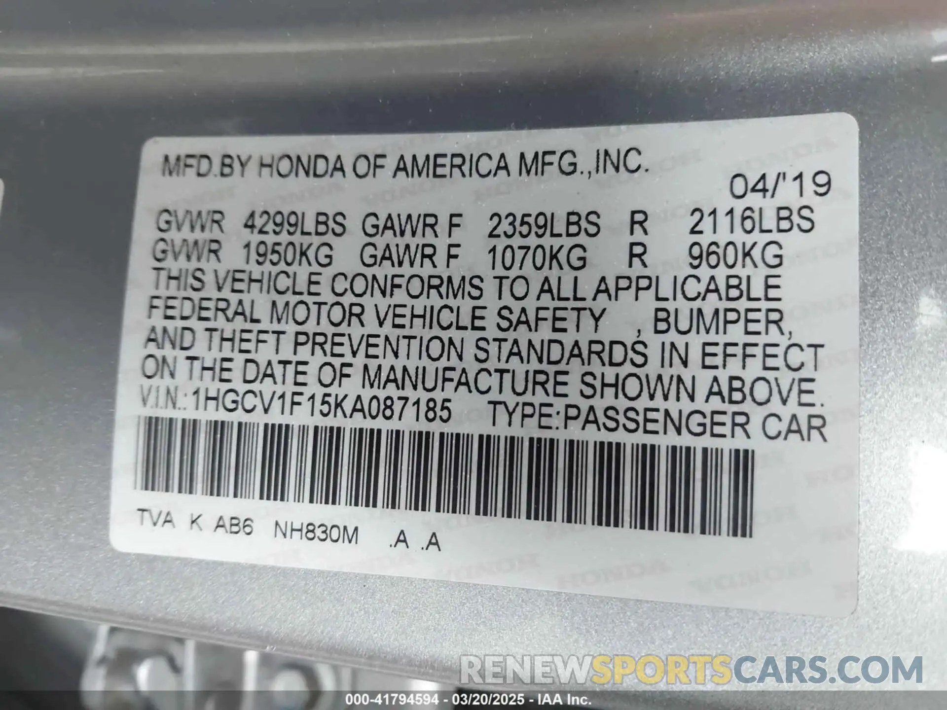 9 Photograph of a damaged car 1HGCV1F15KA087185 HONDA ACCORD 2019