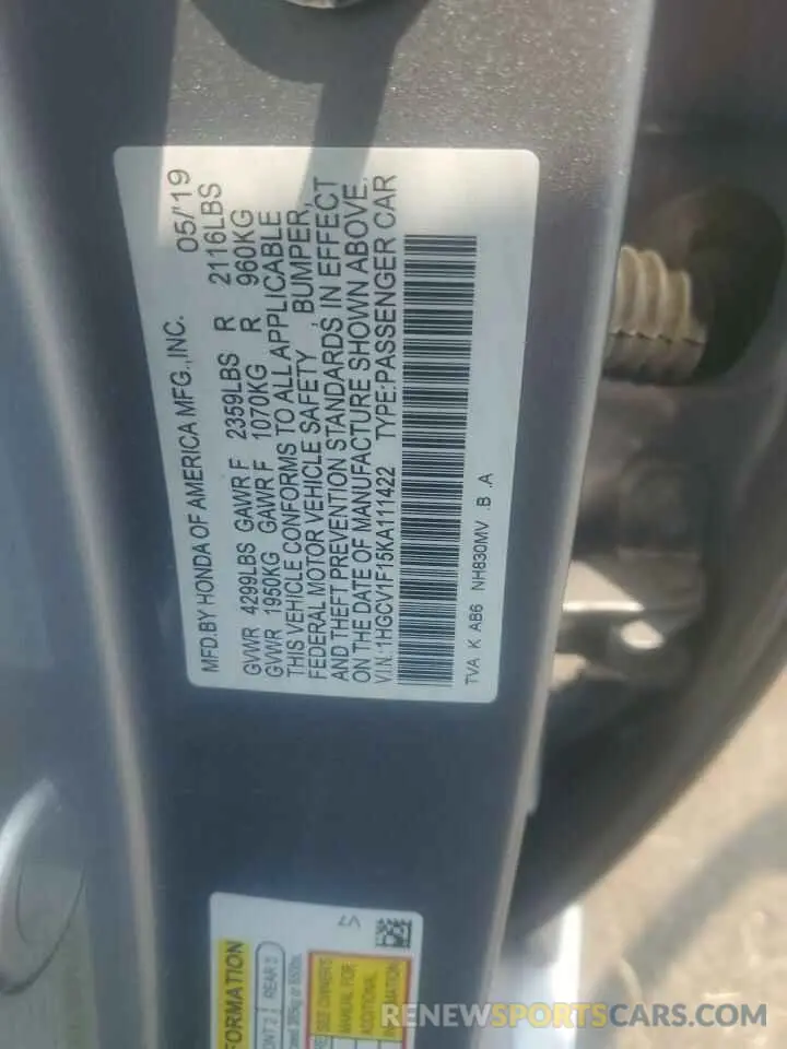 13 Photograph of a damaged car 1HGCV1F15KA111422 HONDA ACCORD 2019