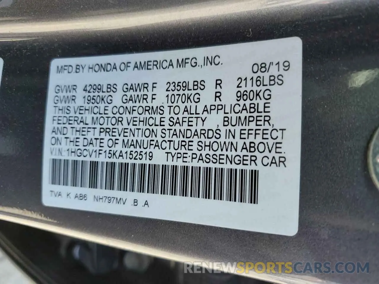 14 Photograph of a damaged car 1HGCV1F15KA152519 HONDA ACCORD 2019