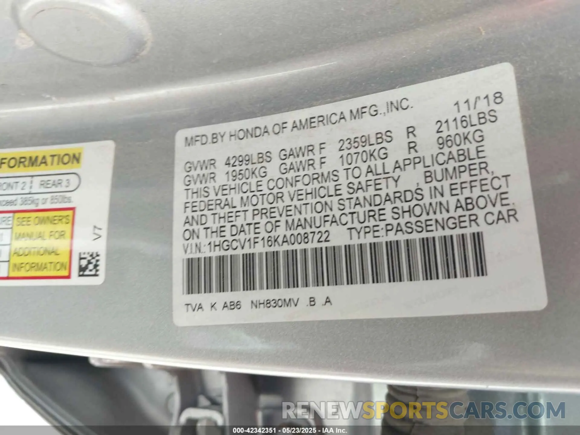 9 Photograph of a damaged car 1HGCV1F16KA008722 HONDA ACCORD 2019