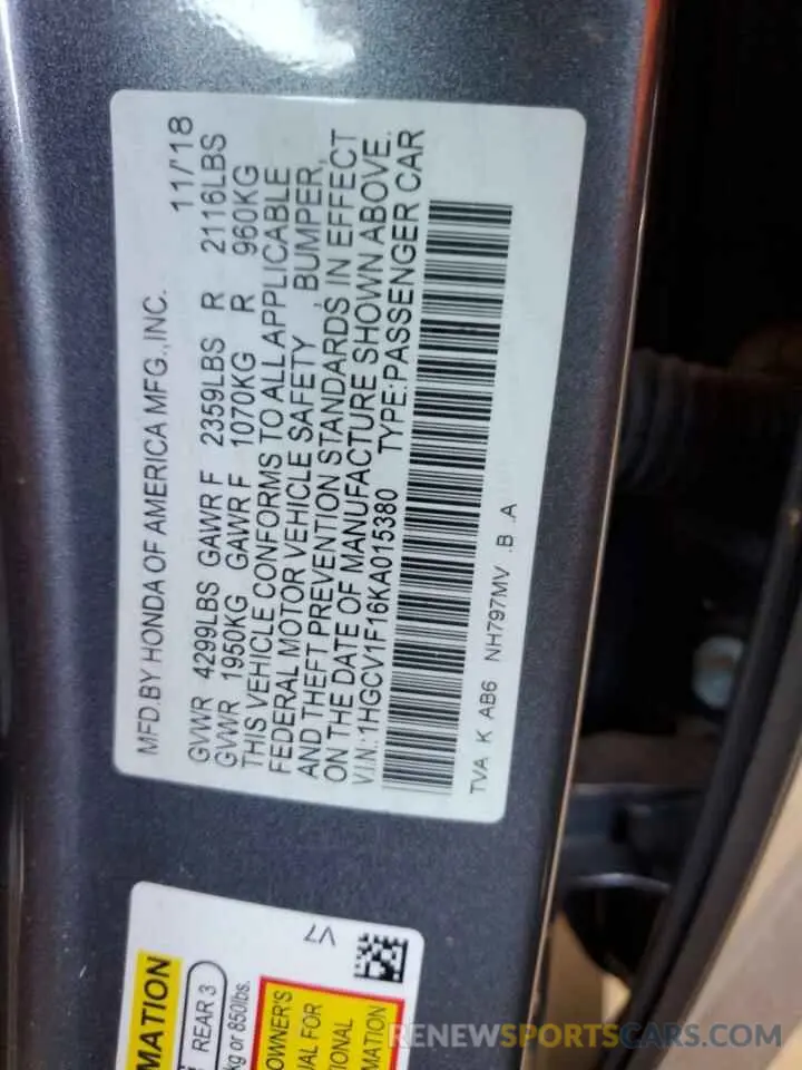 12 Photograph of a damaged car 1HGCV1F16KA015380 HONDA ACCORD 2019