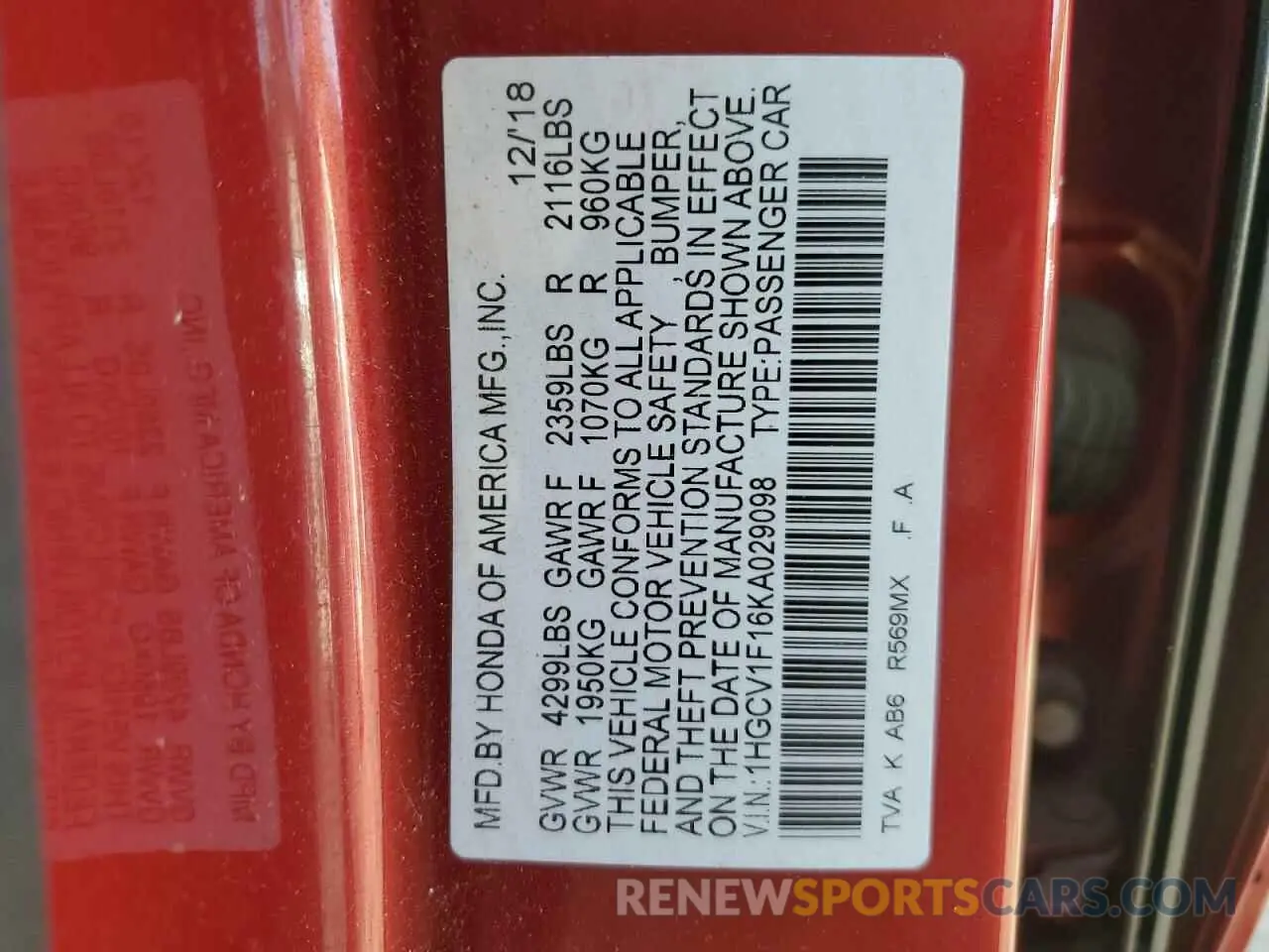 12 Photograph of a damaged car 1HGCV1F16KA029098 HONDA ACCORD 2019