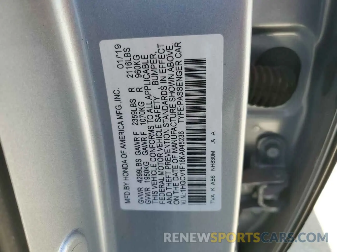 12 Photograph of a damaged car 1HGCV1F16KA045236 HONDA ACCORD 2019