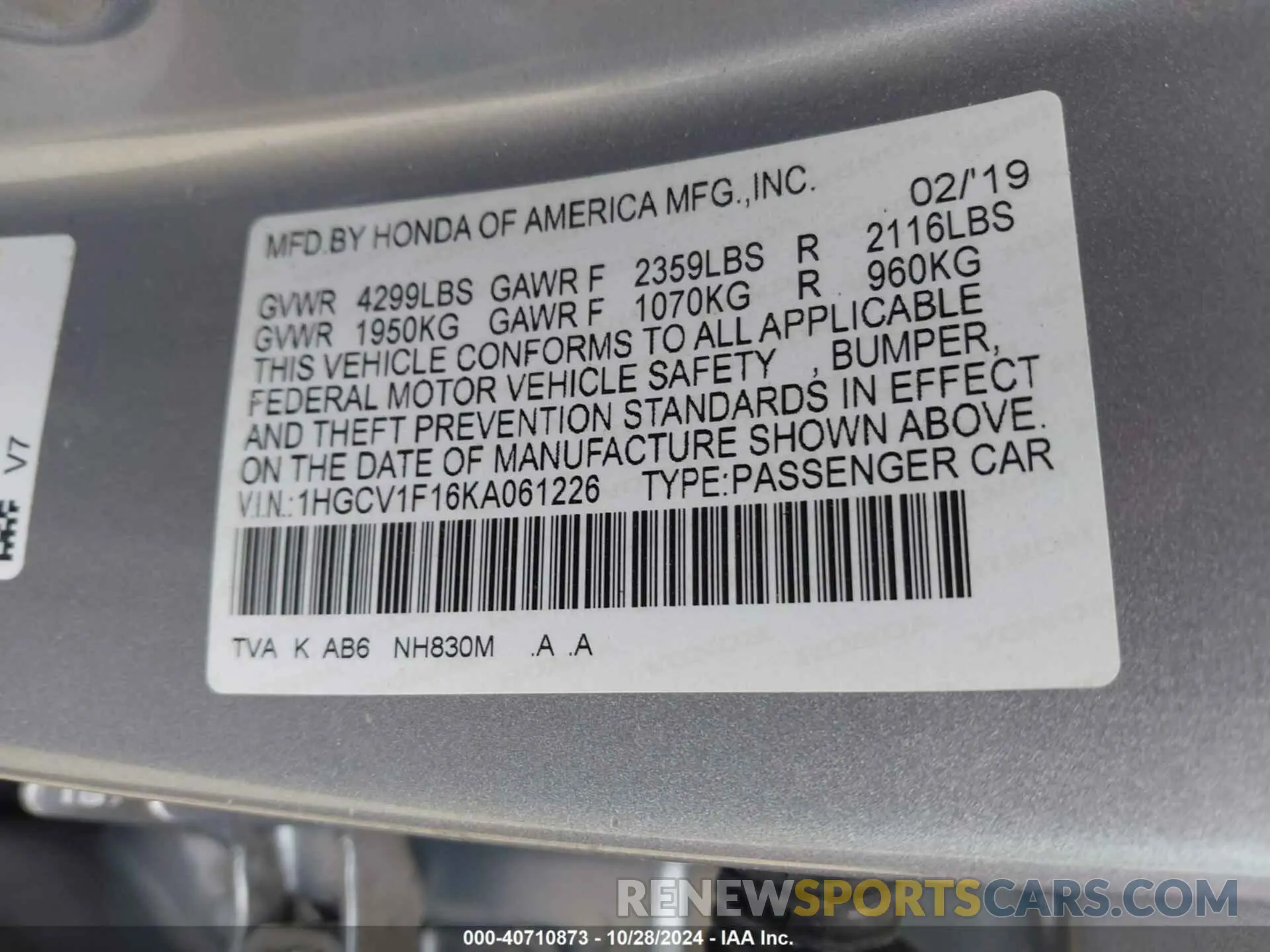 9 Photograph of a damaged car 1HGCV1F16KA061226 HONDA ACCORD 2019
