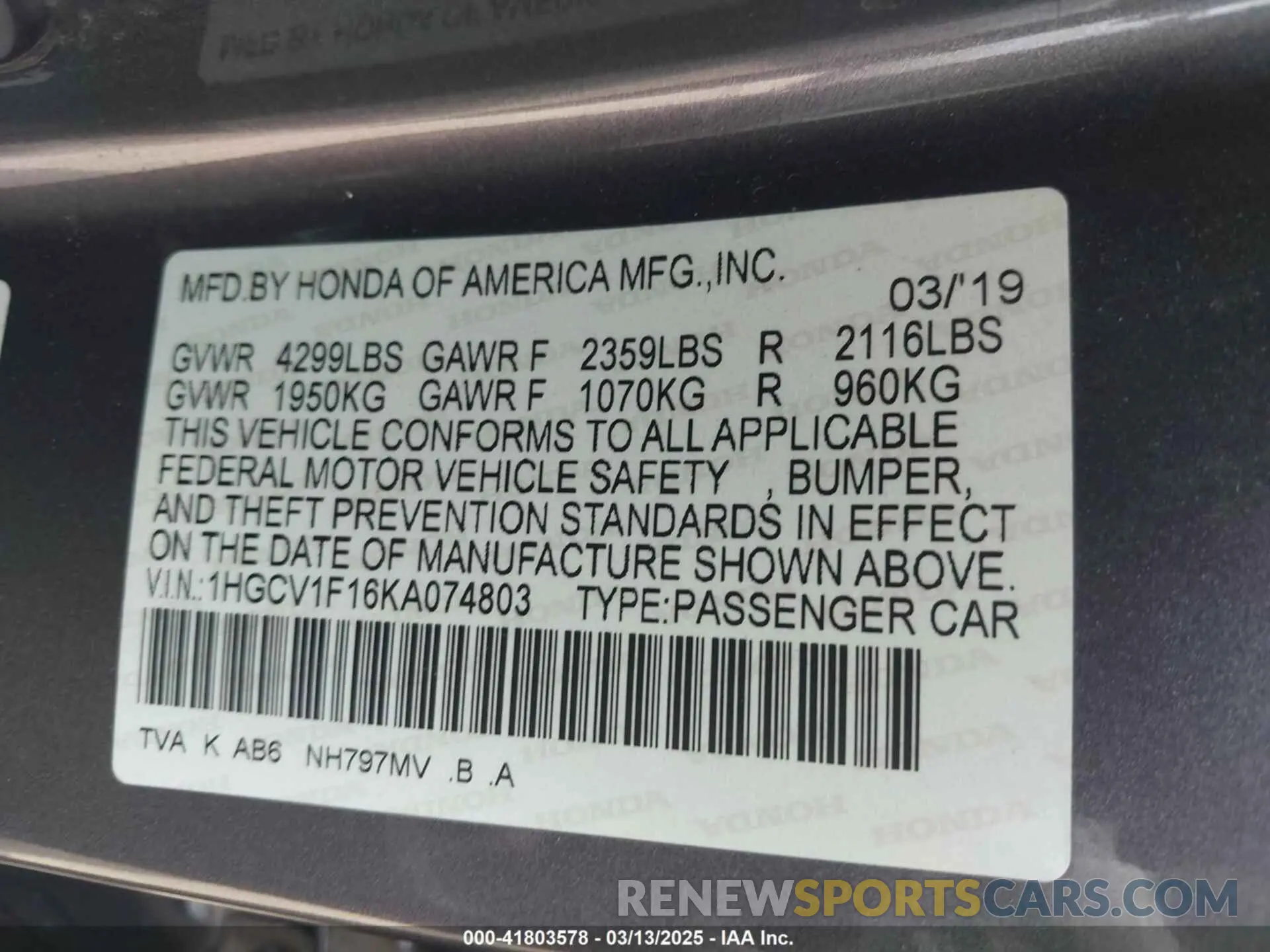 9 Photograph of a damaged car 1HGCV1F16KA074803 HONDA ACCORD 2019