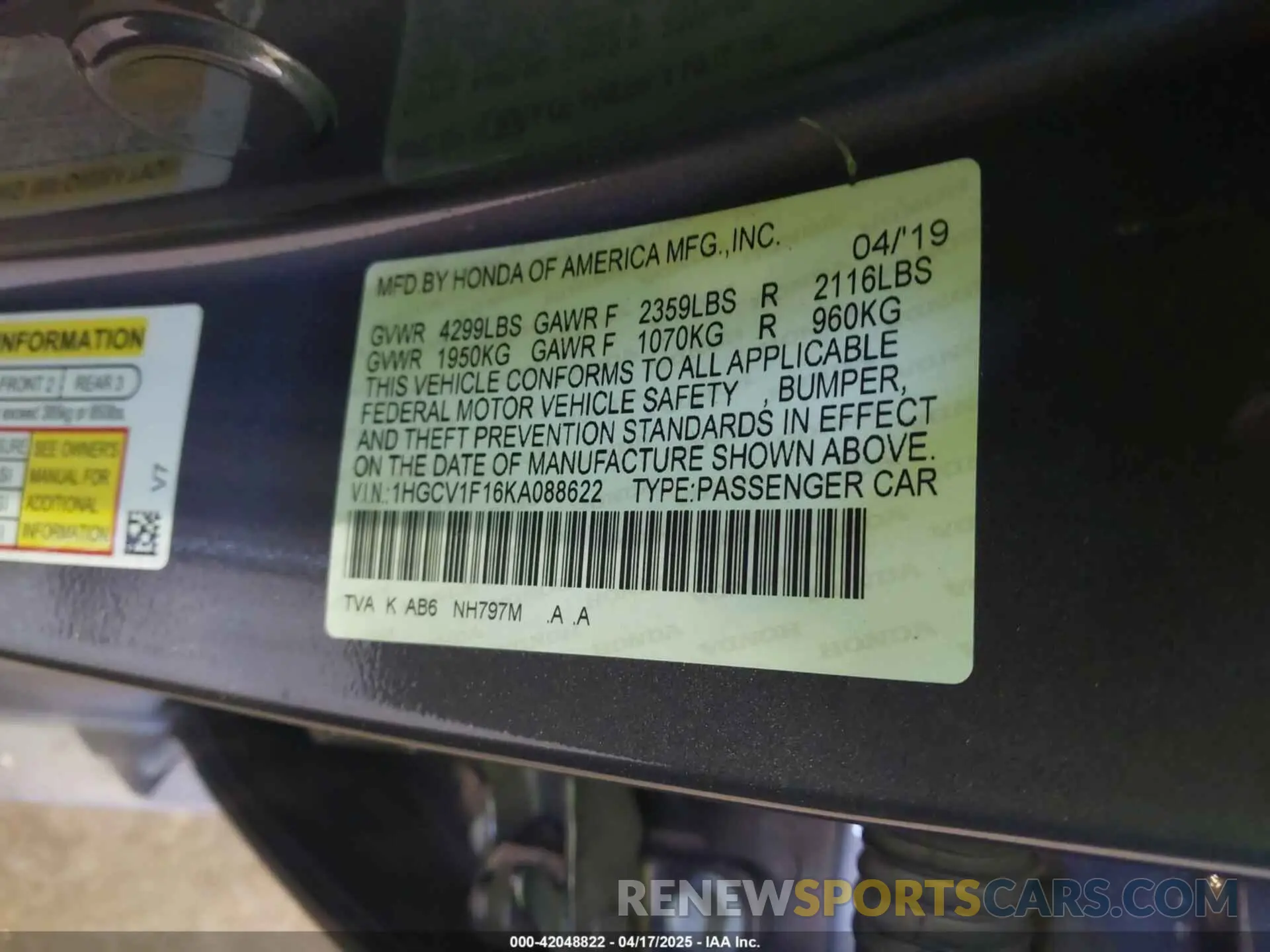 9 Photograph of a damaged car 1HGCV1F16KA088622 HONDA ACCORD 2019
