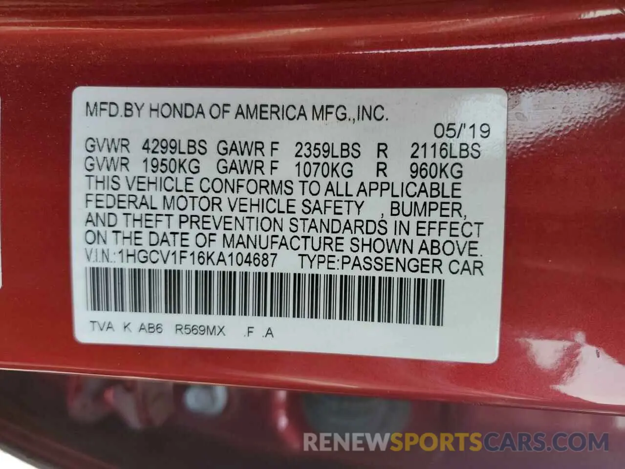 12 Photograph of a damaged car 1HGCV1F16KA104687 HONDA ACCORD 2019