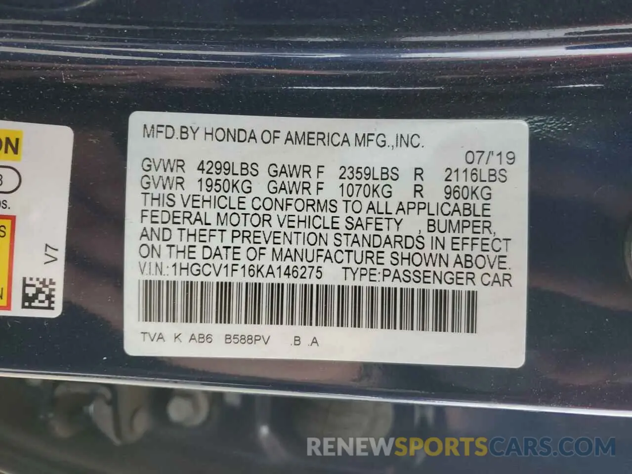 14 Photograph of a damaged car 1HGCV1F16KA146275 HONDA ACCORD 2019