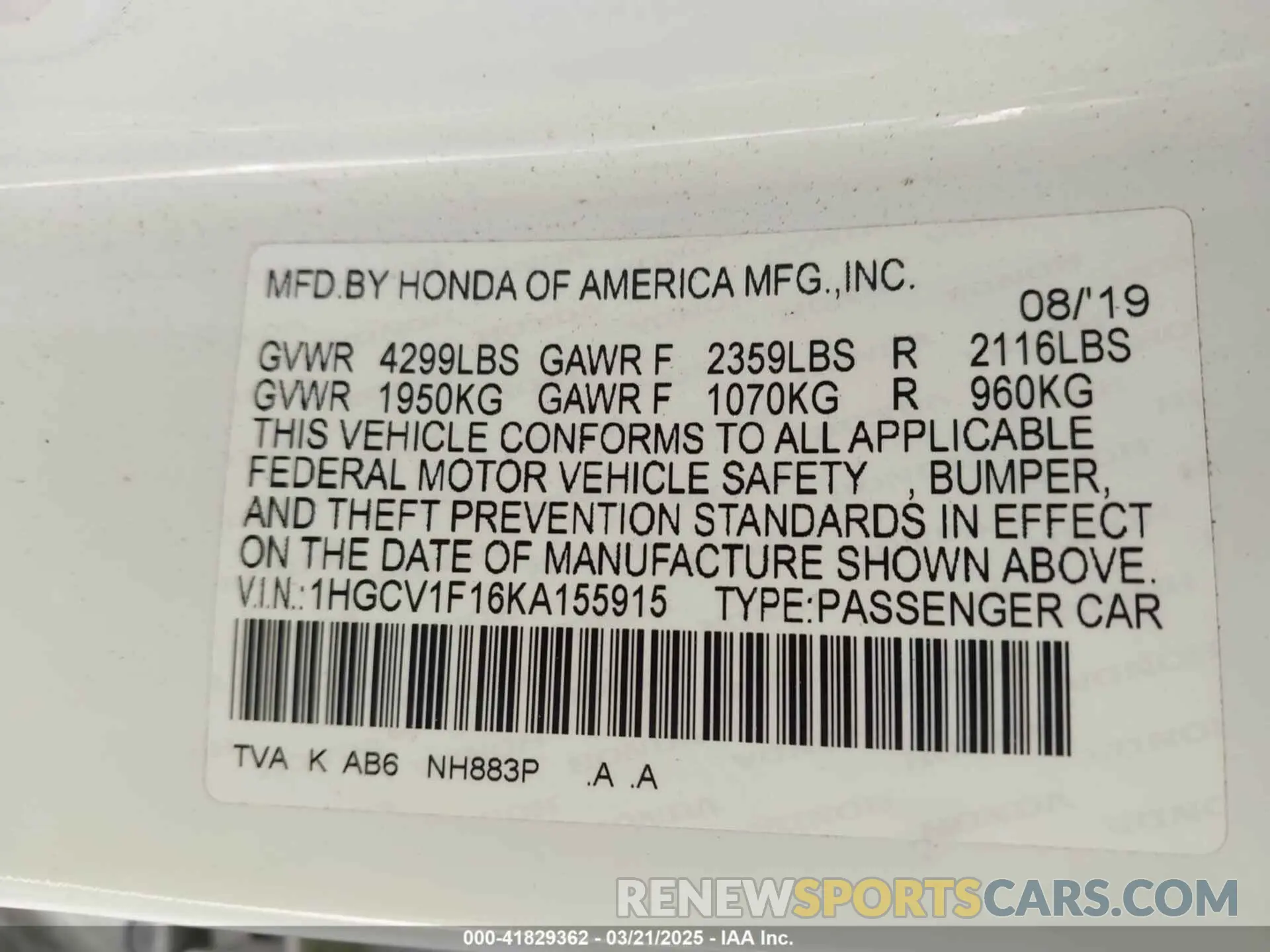 9 Photograph of a damaged car 1HGCV1F16KA155915 HONDA ACCORD 2019