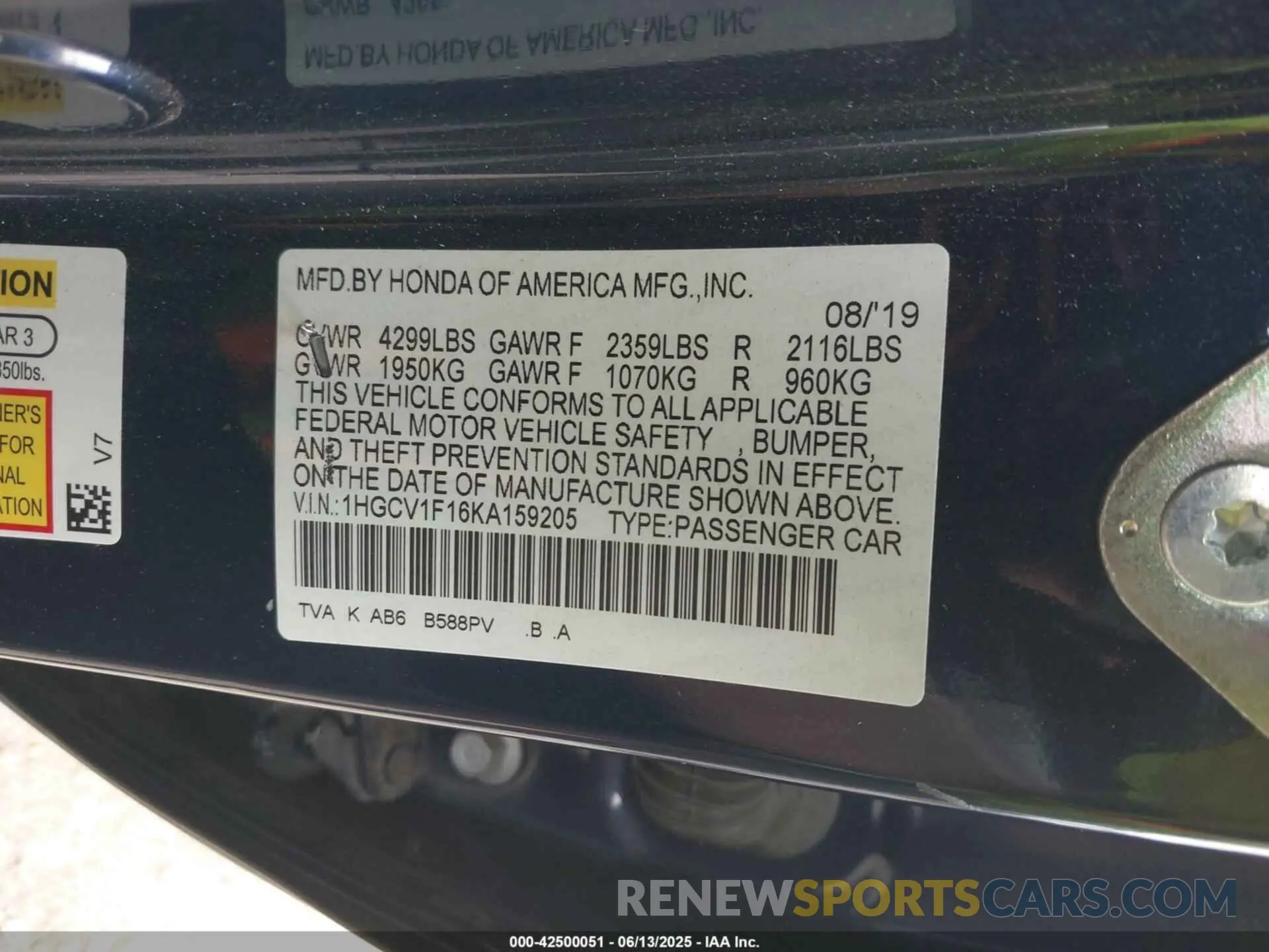 9 Photograph of a damaged car 1HGCV1F16KA159205 HONDA ACCORD 2019