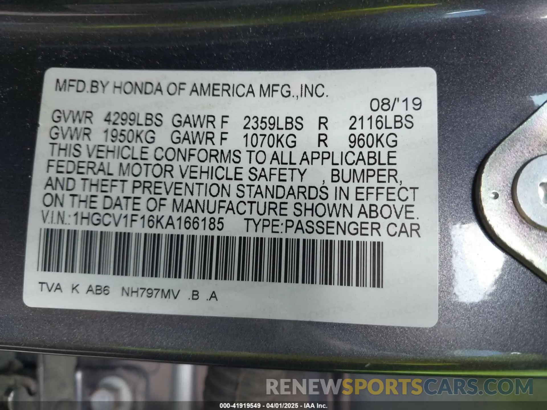 9 Photograph of a damaged car 1HGCV1F16KA166185 HONDA ACCORD 2019