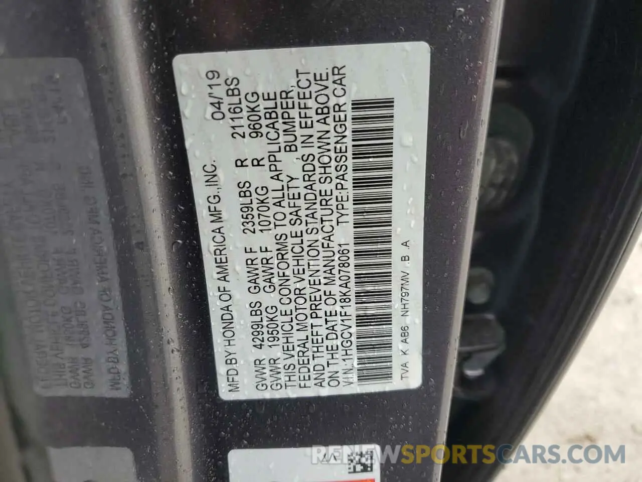 12 Photograph of a damaged car 1HGCV1F18KA078061 HONDA ACCORD 2019