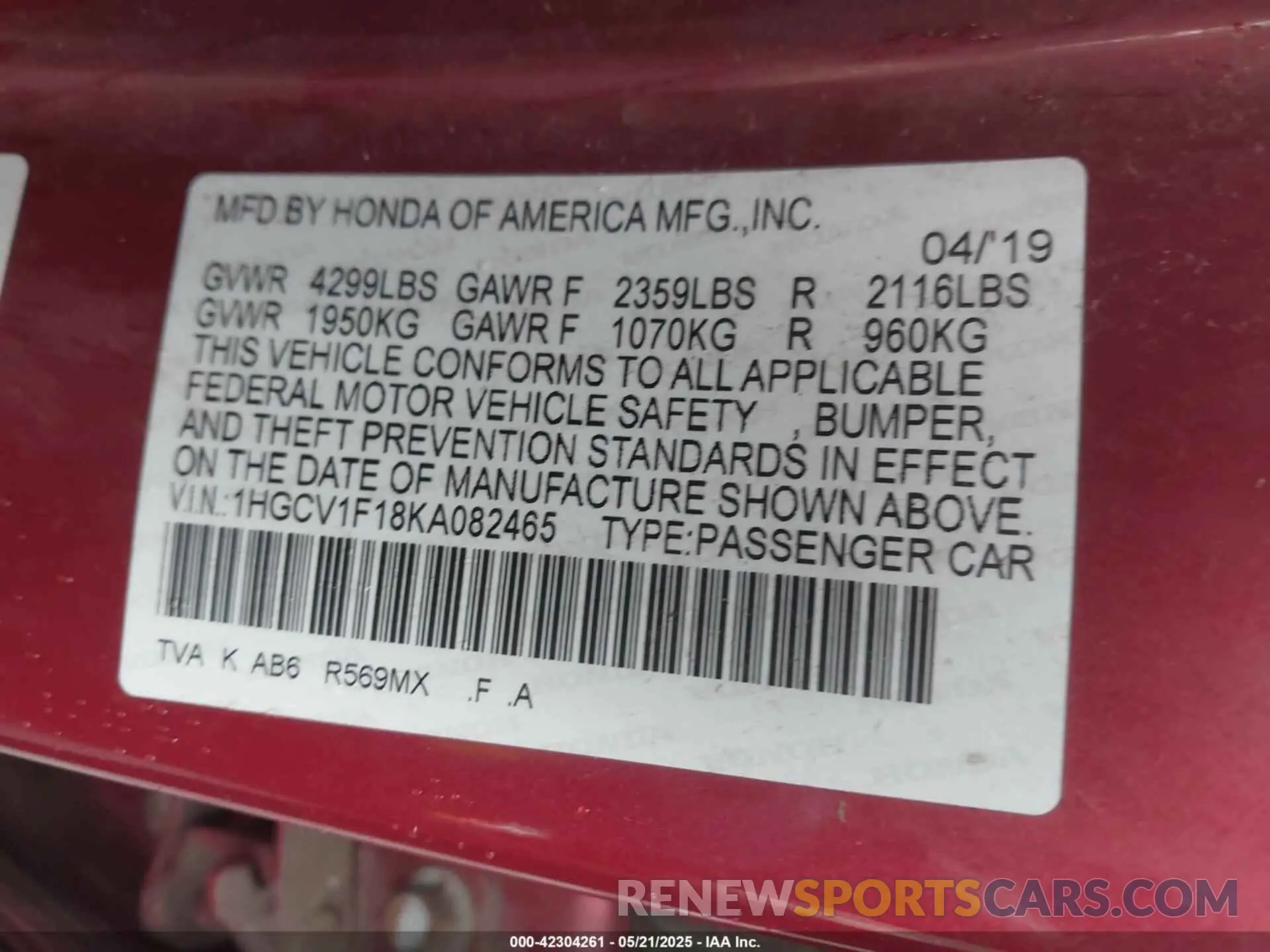 9 Photograph of a damaged car 1HGCV1F18KA082465 HONDA ACCORD 2019