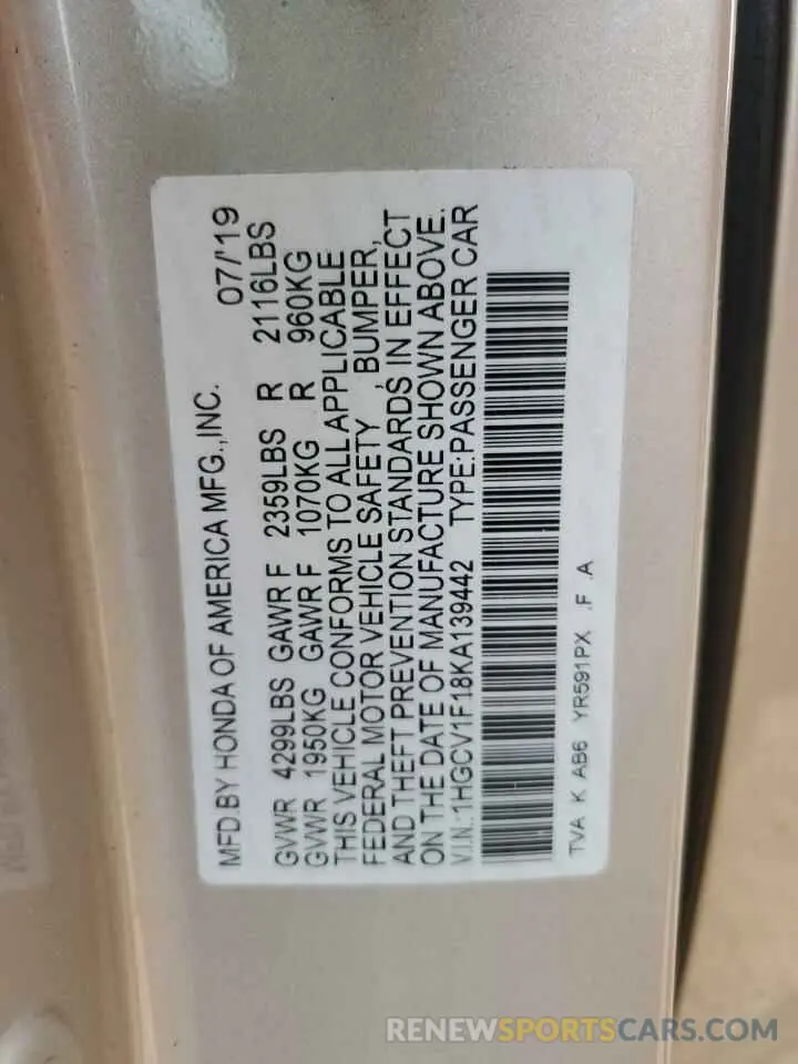 13 Photograph of a damaged car 1HGCV1F18KA139442 HONDA ACCORD 2019