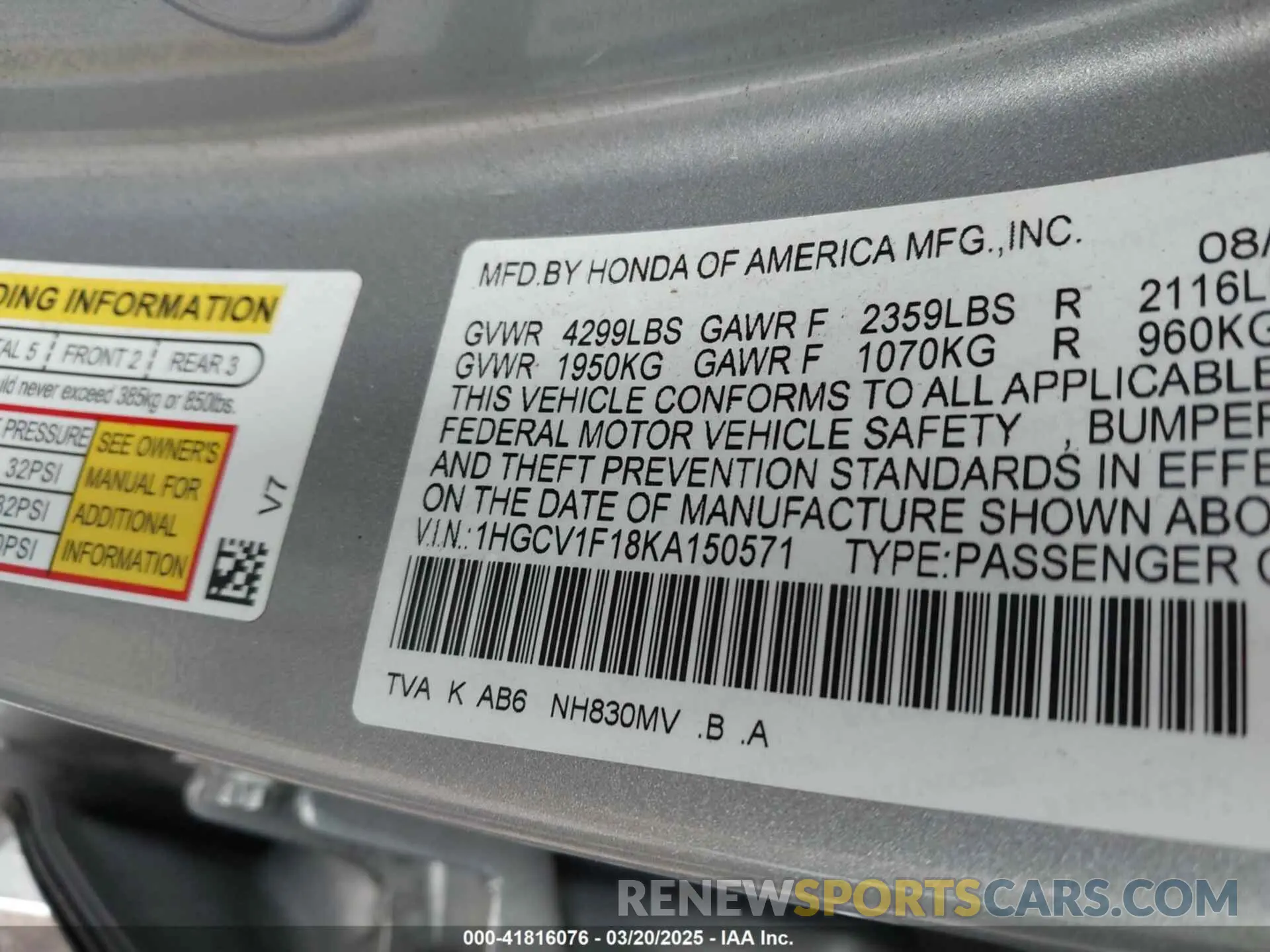 9 Photograph of a damaged car 1HGCV1F18KA150571 HONDA ACCORD 2019