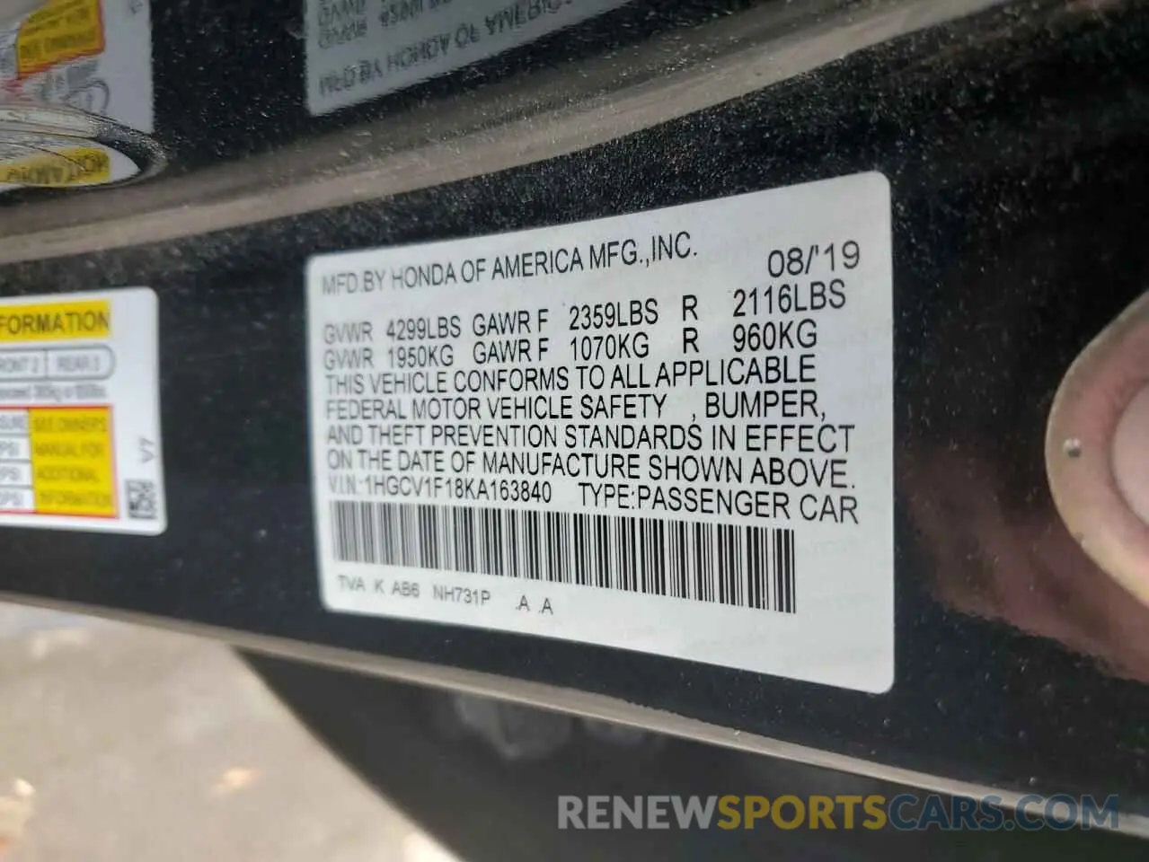 12 Photograph of a damaged car 1HGCV1F18KA163840 HONDA ACCORD 2019