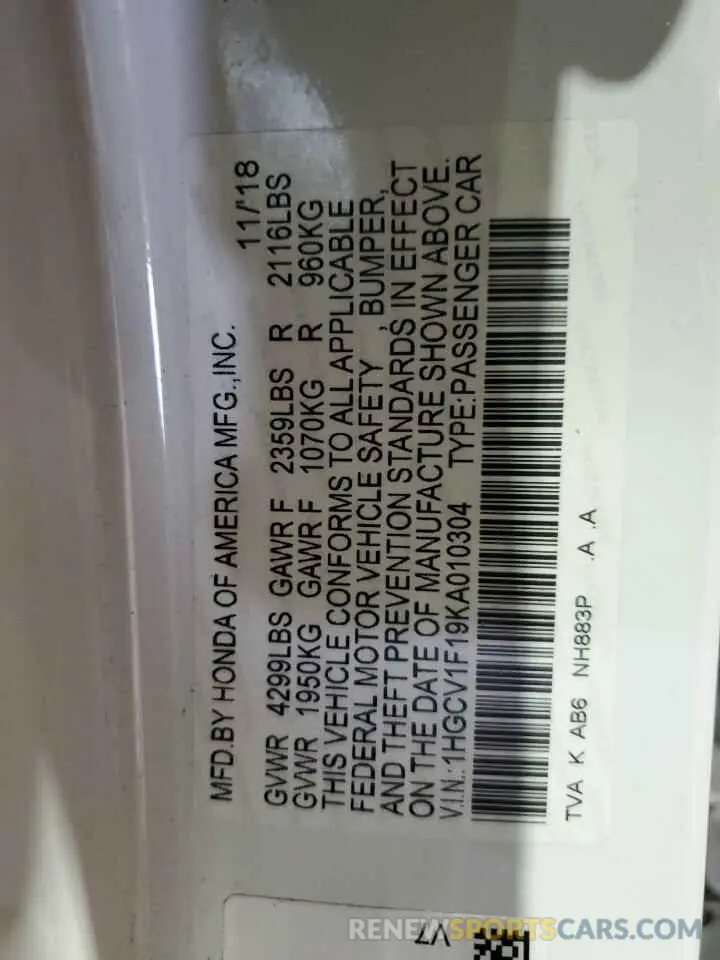 13 Photograph of a damaged car 1HGCV1F19KA010304 HONDA ACCORD 2019