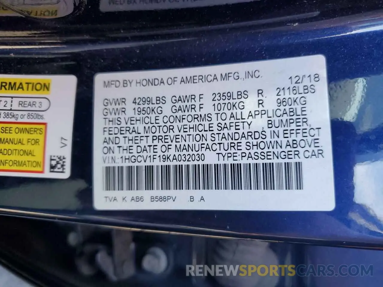 12 Photograph of a damaged car 1HGCV1F19KA032030 HONDA ACCORD 2019