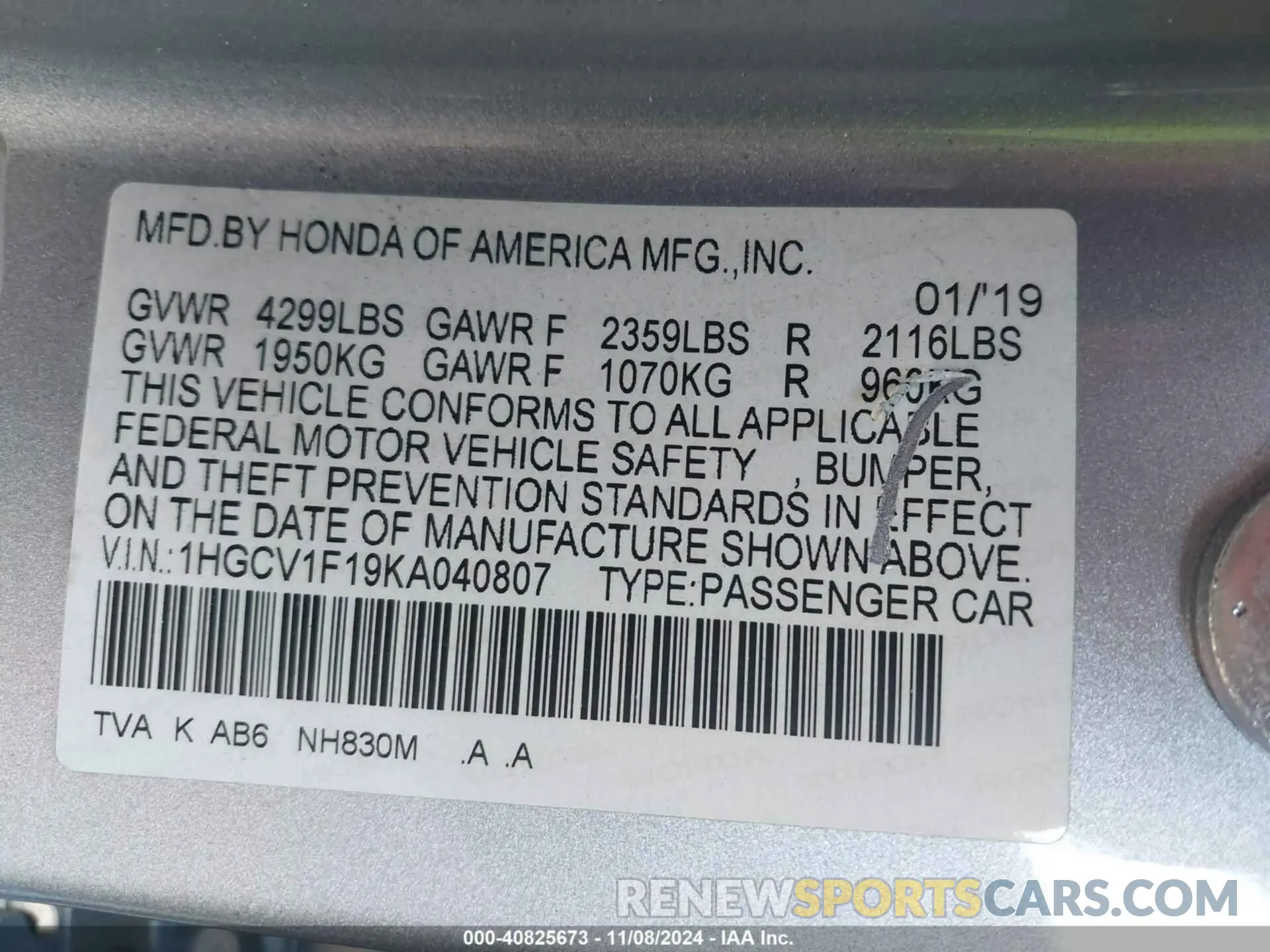 9 Photograph of a damaged car 1HGCV1F19KA040807 HONDA ACCORD 2019