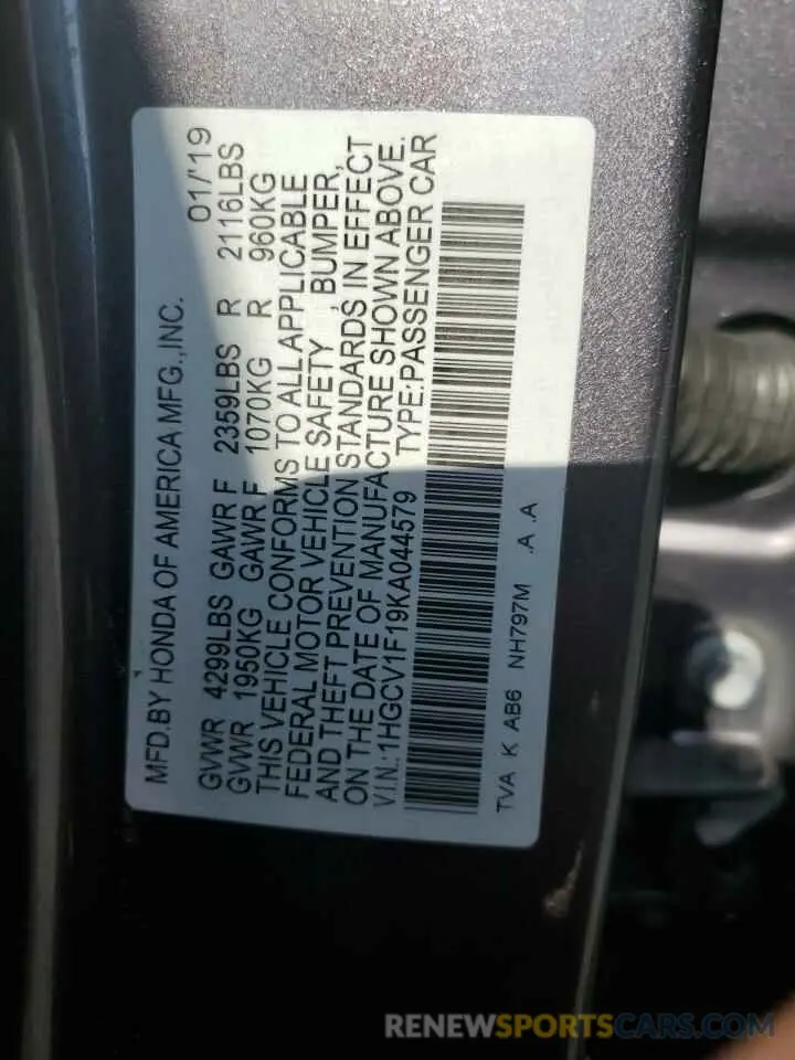 12 Photograph of a damaged car 1HGCV1F19KA044579 HONDA ACCORD 2019