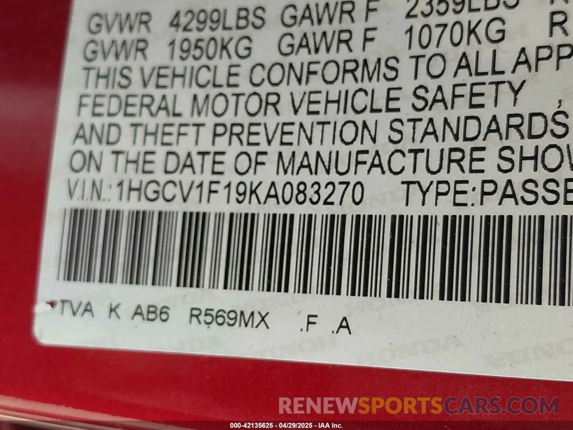 9 Photograph of a damaged car 1HGCV1F19KA083270 HONDA ACCORD 2019