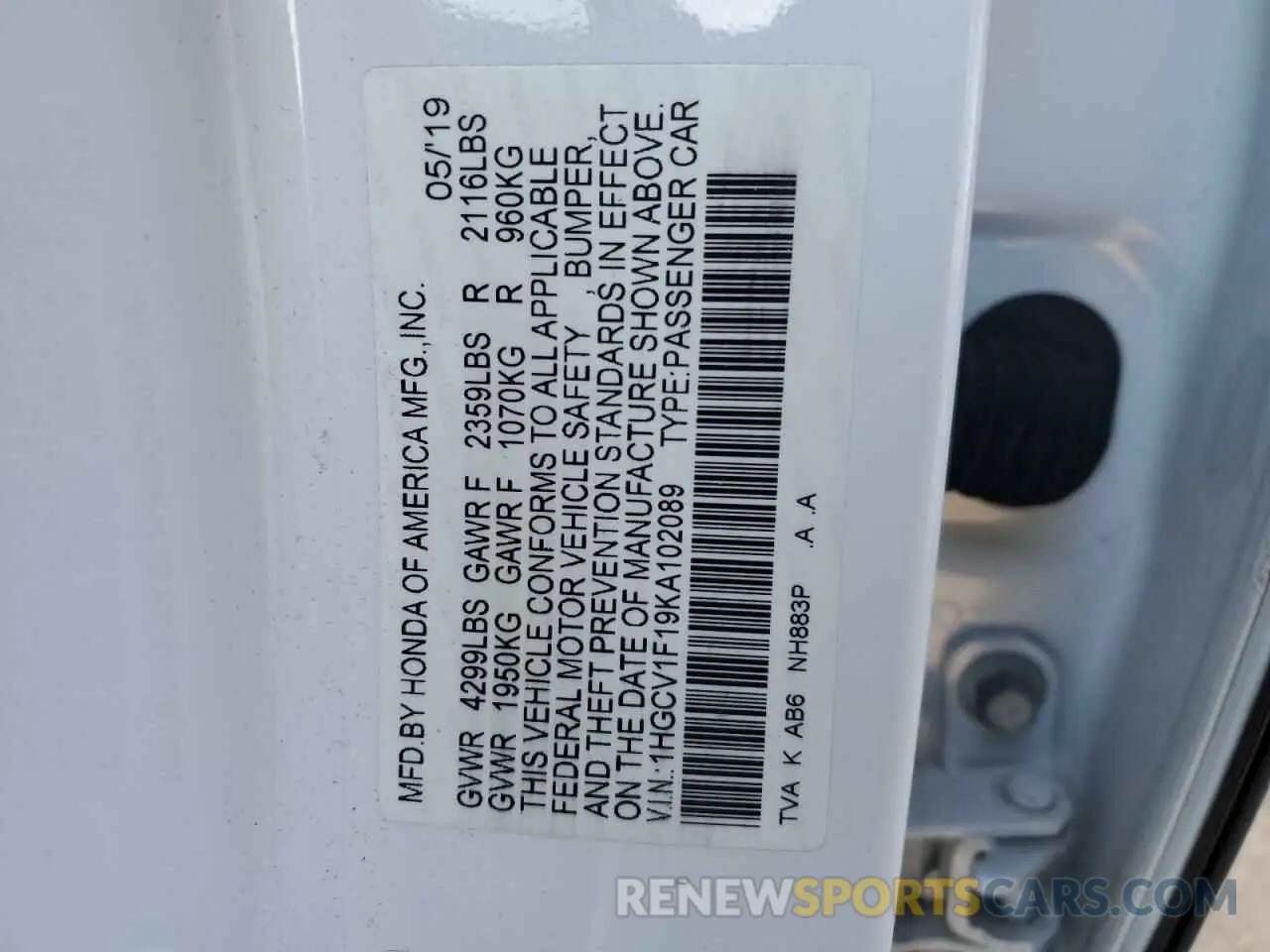 13 Photograph of a damaged car 1HGCV1F19KA102089 HONDA ACCORD 2019