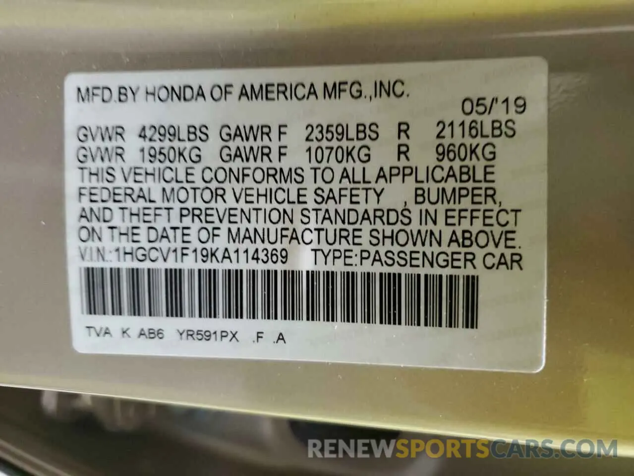 13 Photograph of a damaged car 1HGCV1F19KA114369 HONDA ACCORD 2019