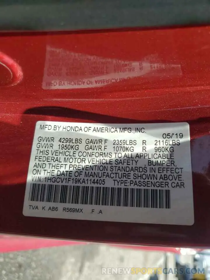 13 Photograph of a damaged car 1HGCV1F19KA114405 HONDA ACCORD 2019