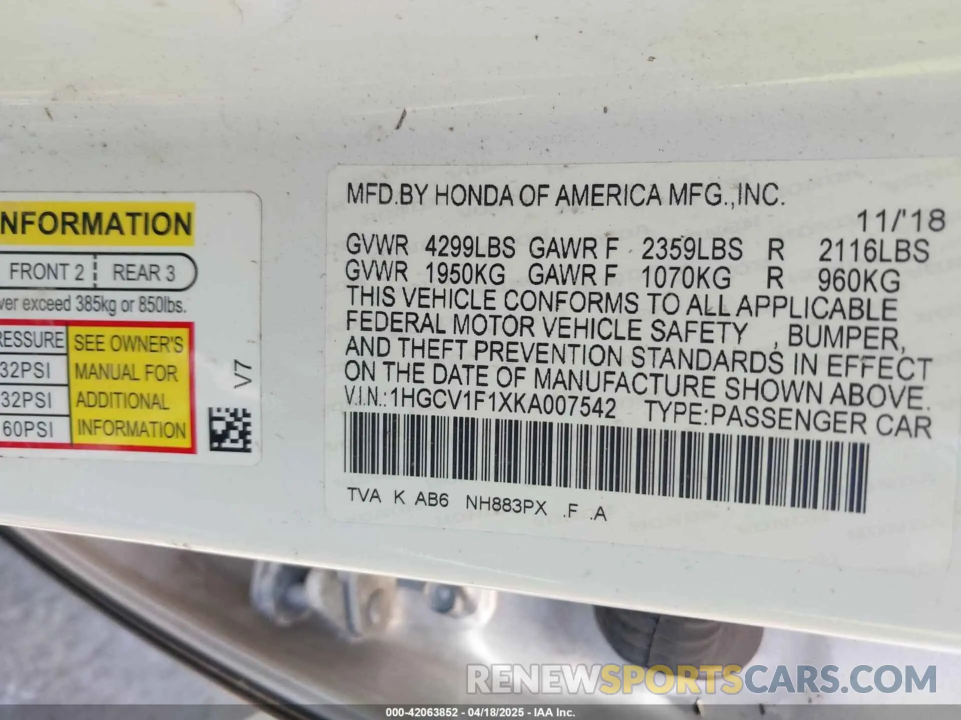 9 Photograph of a damaged car 1HGCV1F1XKA007542 HONDA ACCORD 2019