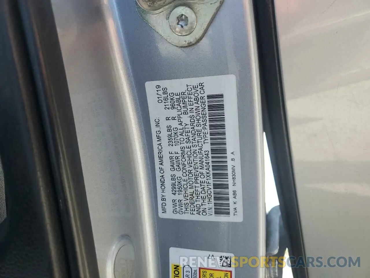 12 Photograph of a damaged car 1HGCV1F1XKA041643 HONDA ACCORD 2019