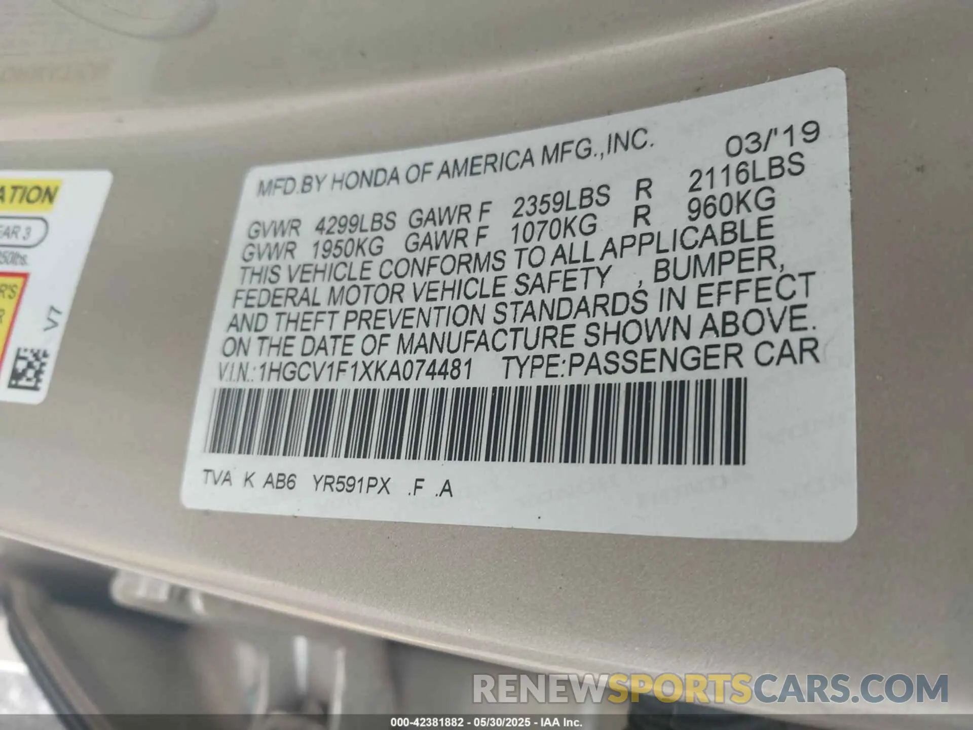 9 Photograph of a damaged car 1HGCV1F1XKA074481 HONDA ACCORD 2019