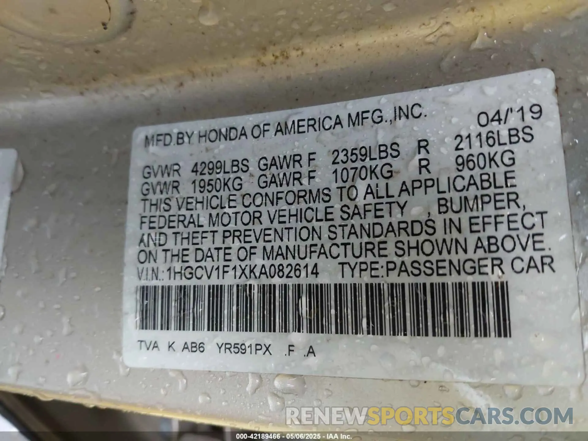 9 Photograph of a damaged car 1HGCV1F1XKA082614 HONDA ACCORD 2019