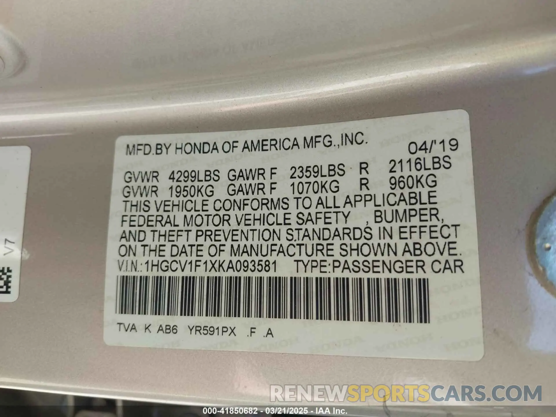 9 Photograph of a damaged car 1HGCV1F1XKA093581 HONDA ACCORD 2019